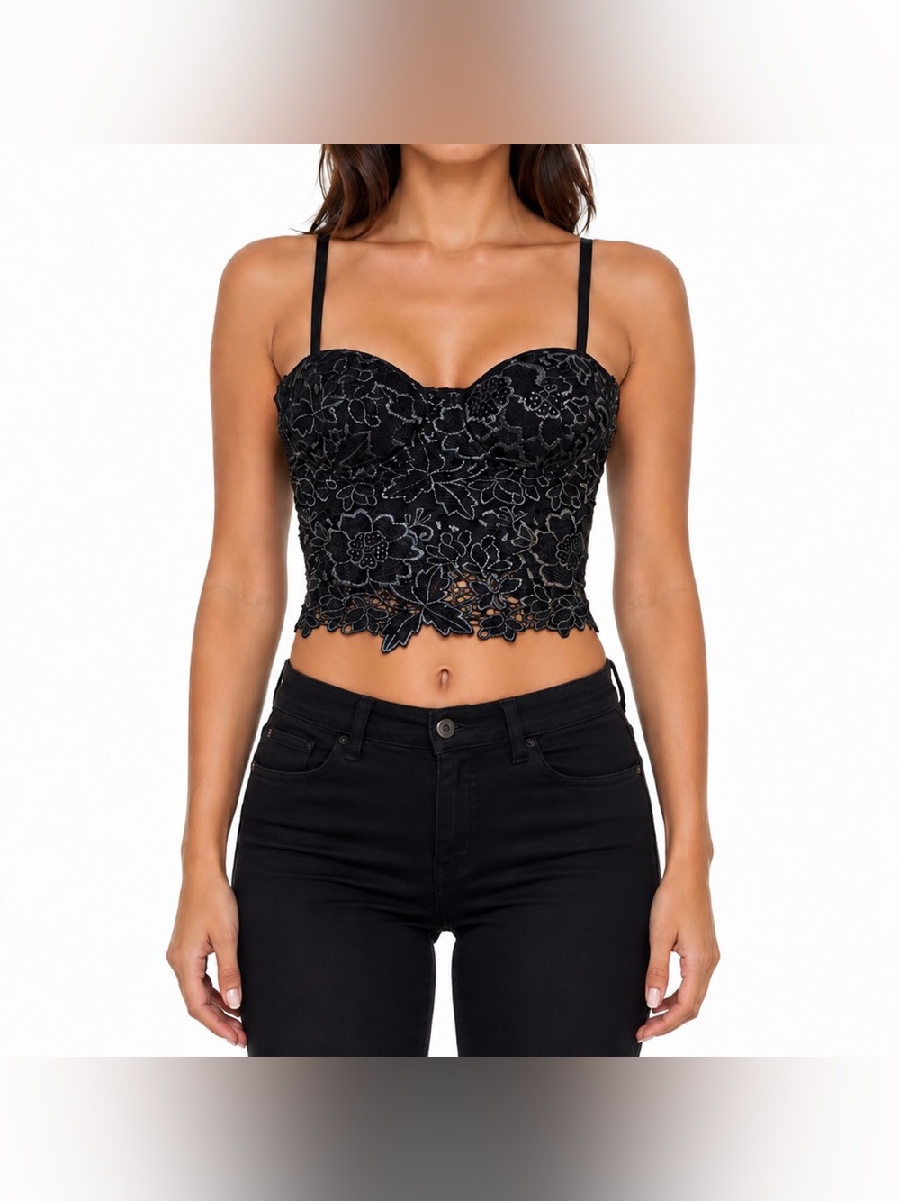 Say What? Black & Silver Floral Lace Bustier Corset Crop Top Size M